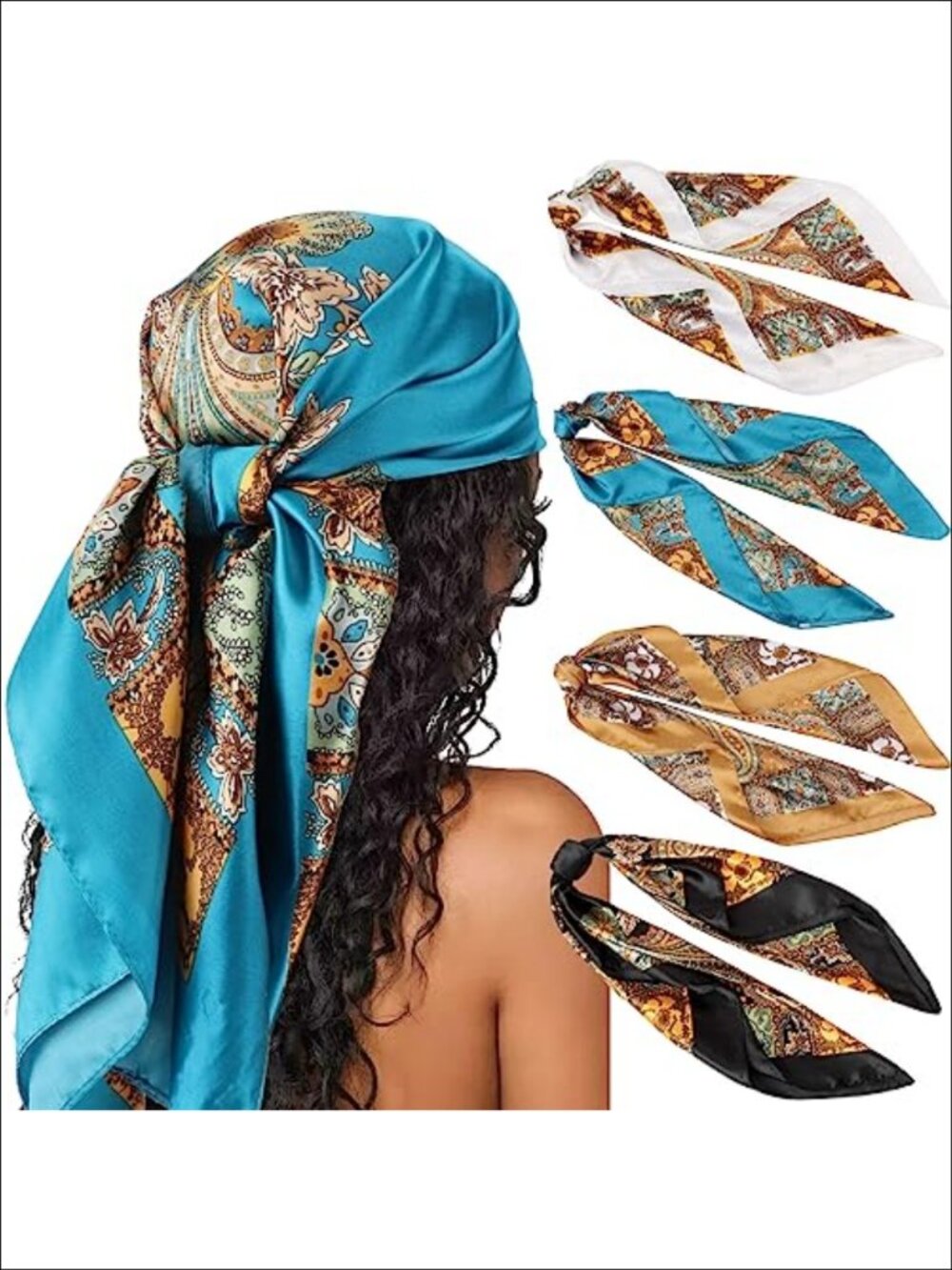 Large Square Satin Head Scarf 4pc Set 35in Polyester Silk Feel
